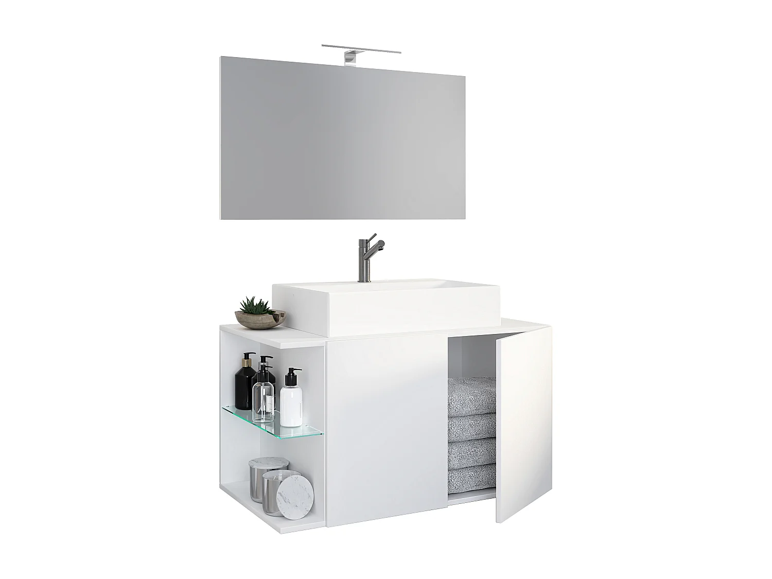 VCM 3-pièces lavabo meuble de salle de bains ensemble lavabo miroir Hausa porte battante (blanc|93)