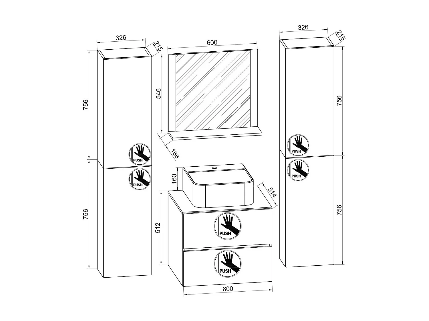 5 pcs. lavabo salle de bain 60 cmLendas XL