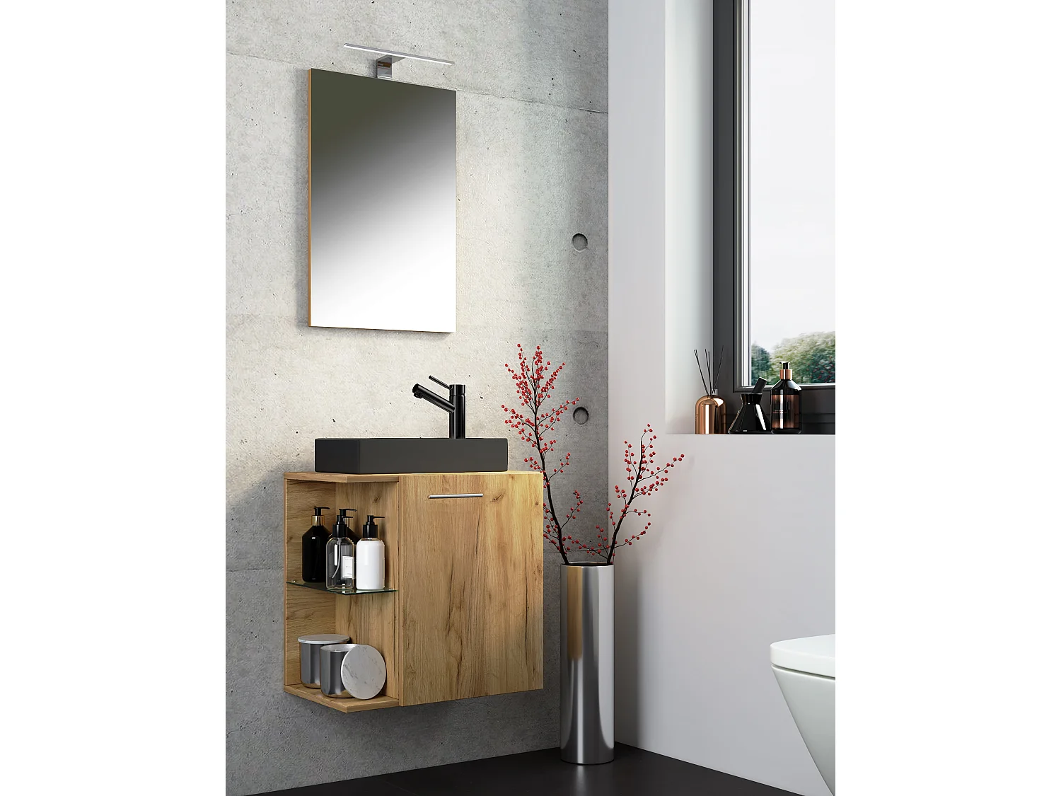 Conjunto VCM de 3 peças | Lavandaria para hóspedes WC | Banheiro | Lavatório com espelho | Conjunto de casas de banho – Hausa SP-BL (carvalho mel)