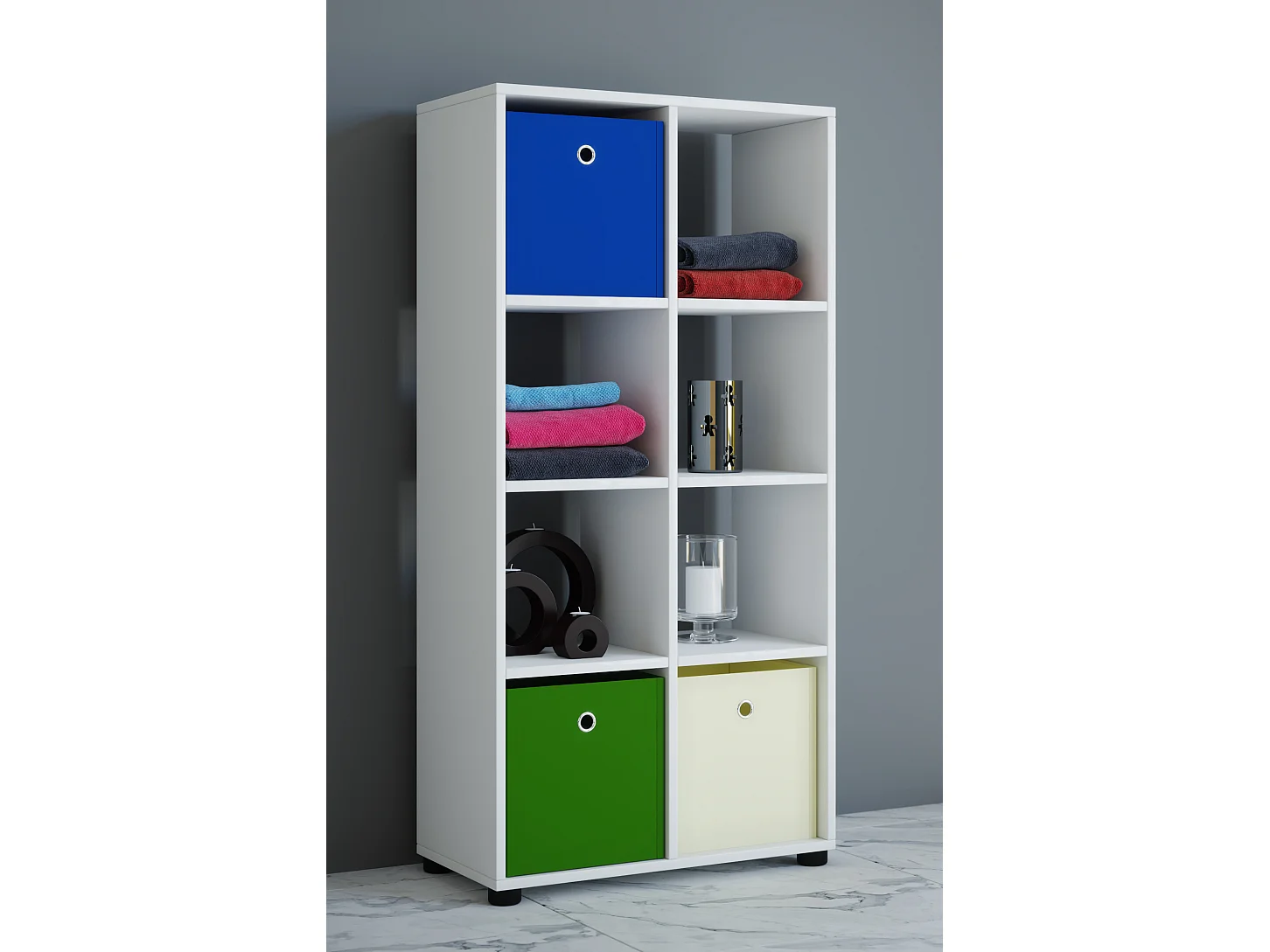 Prateleira de banheiro em madeira VCM | Armário de banho | Dimensões: A. 123 x L. 60 x P. 30 cm | Divisor de quarto | De pé - Bandeja Benos-2x4 (Branco)