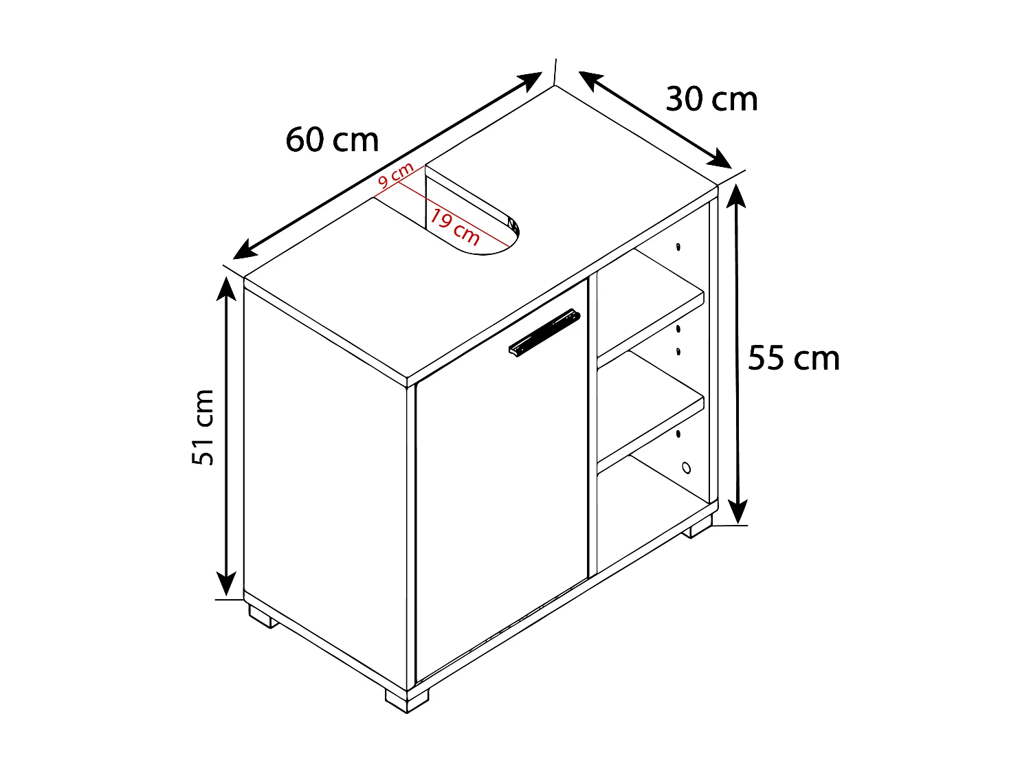 Bathroom furniture washbasin cabinet Zalo White / Black H. 55 x W. 60 x D. 30 cm