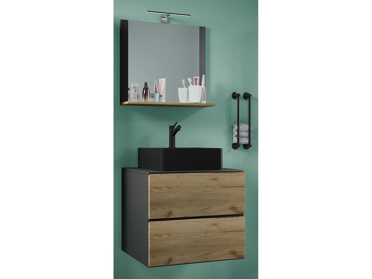 Bathroom furniture washbasin Lendas Anthracite / honey oak H. 124 x W. 60 x D. 52 cm