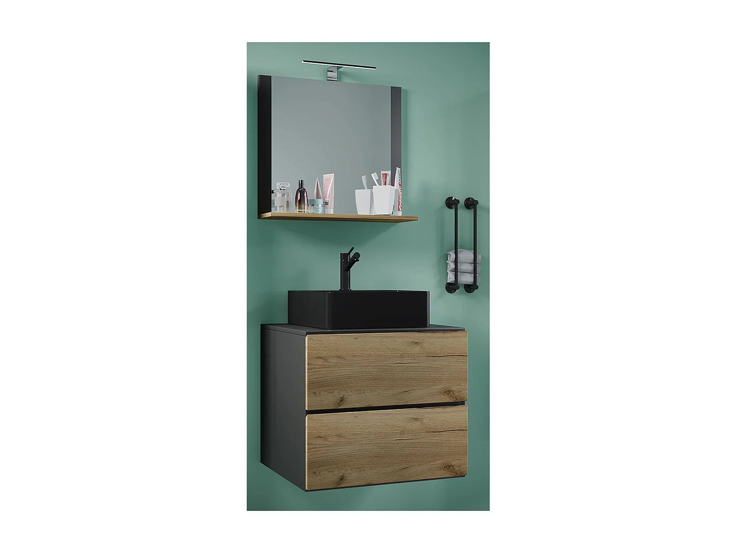 Bathroom furniture washbasin Lendas Anthracite / honey oak H. 124 x W. 60 x D. 52 cm