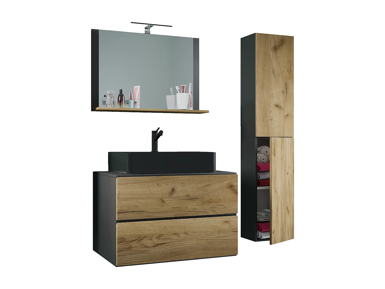 Bathroom furniture washbasin Lendas Anthracite / honey oak H. 150 x W. 114 x D. 52 cm