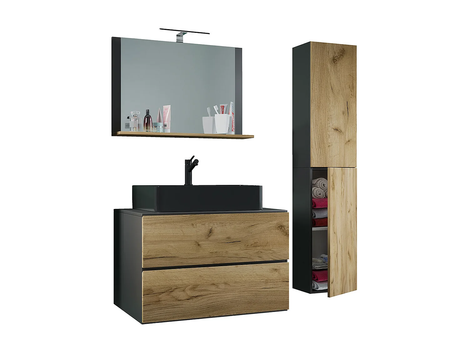 Bathroom furniture washbasin Lendas Anthracite / honey oak H. 150 x W. 114 x D. 52 cm