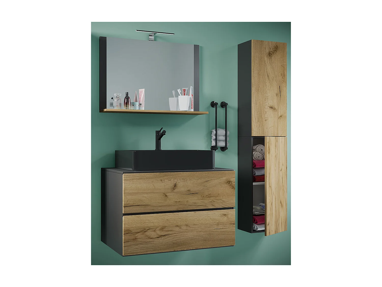 Bathroom furniture washbasin Lendas Anthracite / honey oak H. 150 x W. 114 x D. 52 cm