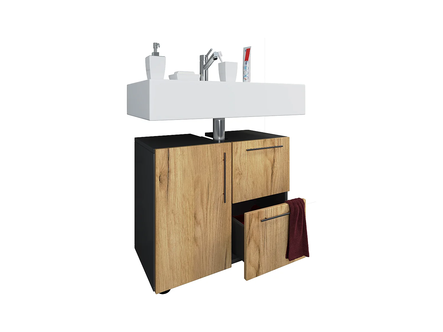 Bathroom furniture washbasin cabinet Darola Anthracite / honey oak H. 51 x W. 61 x D. 32 cm
