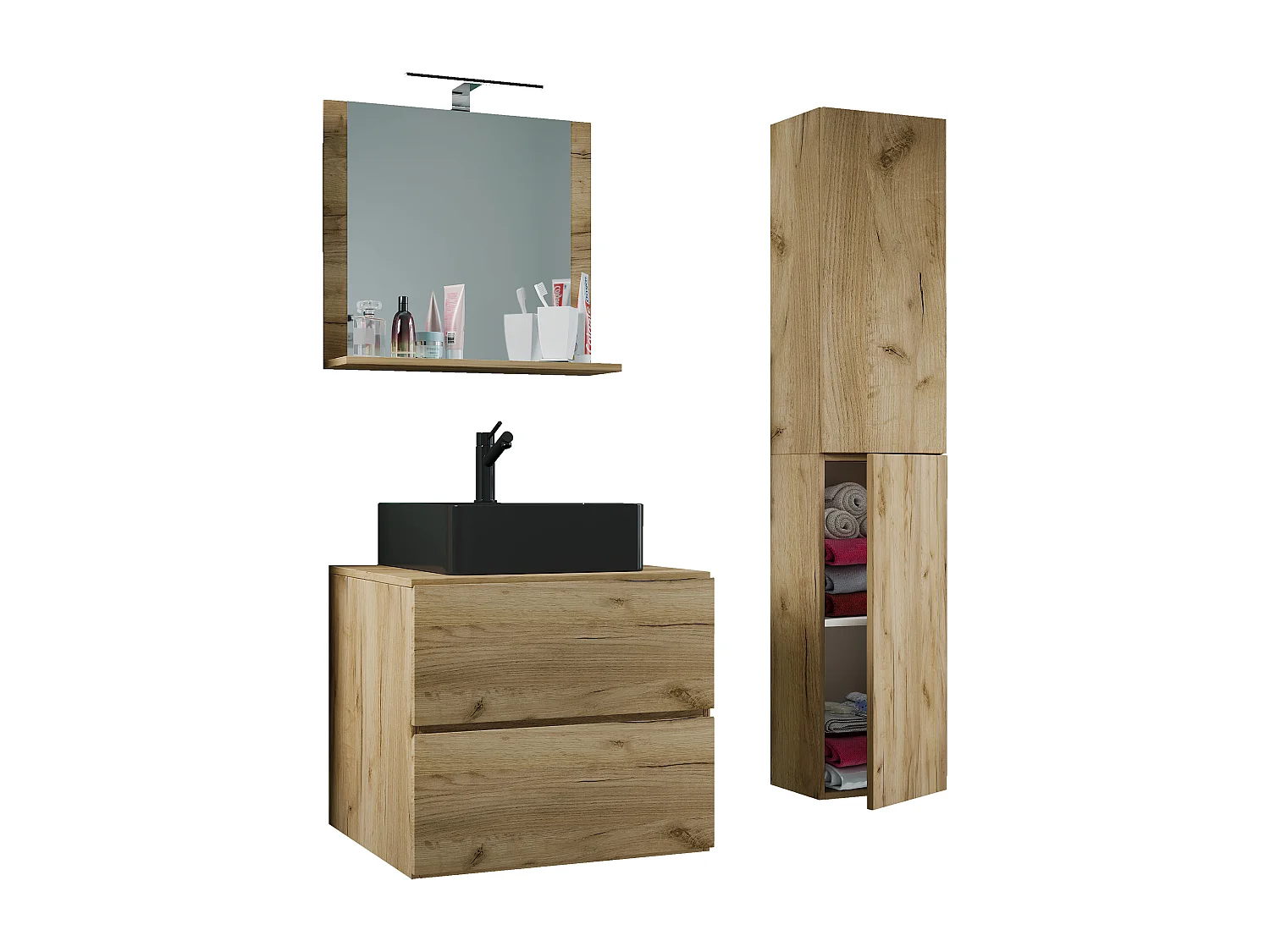 VCM 4 pcs Lavatório | lavatório preto largura inferior do armário 60 cm | Mobiliário para banheiro com gavetas espelho de portas giratórias | Lendas S BL (mel oak)