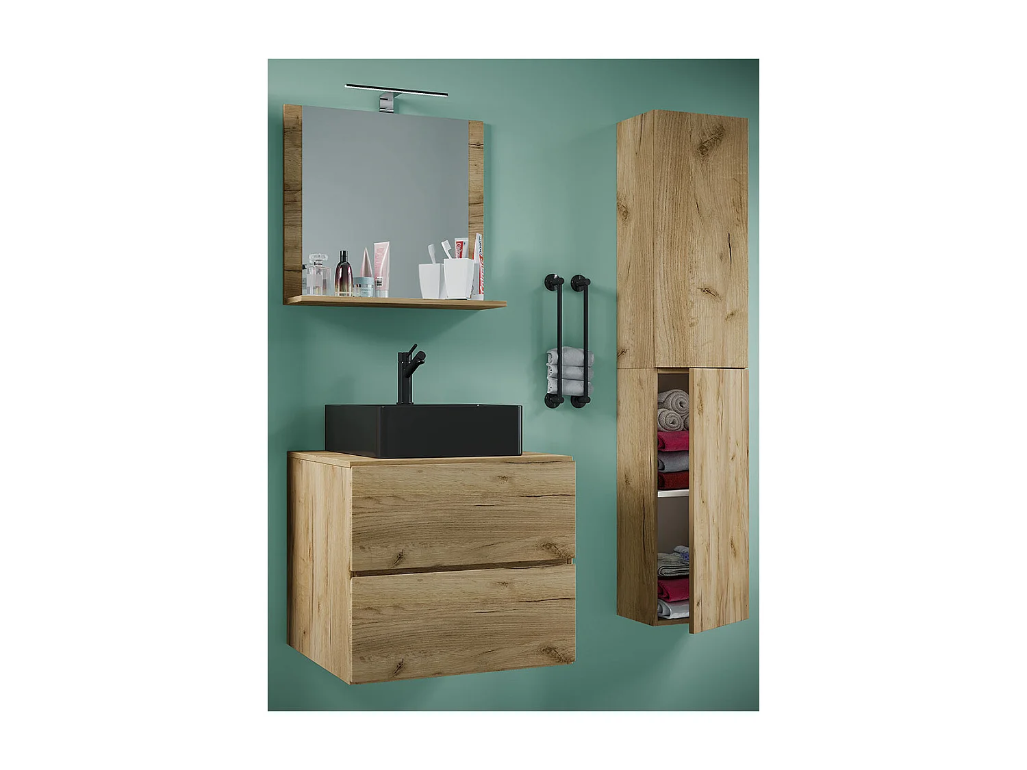 VCM 4 pcs Lavatório | lavatório preto largura inferior do armário 60 cm | Mobiliário para banheiro com gavetas espelho de portas giratórias | Lendas S BL (mel oak)