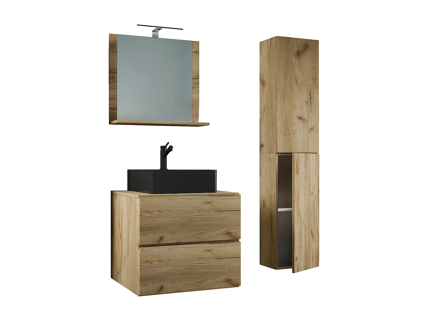 VCM 4 pcs Lavatório | lavatório preto largura inferior do armário 60 cm | Mobiliário para banheiro com gavetas espelho de portas giratórias | Lendas S BL (mel oak)