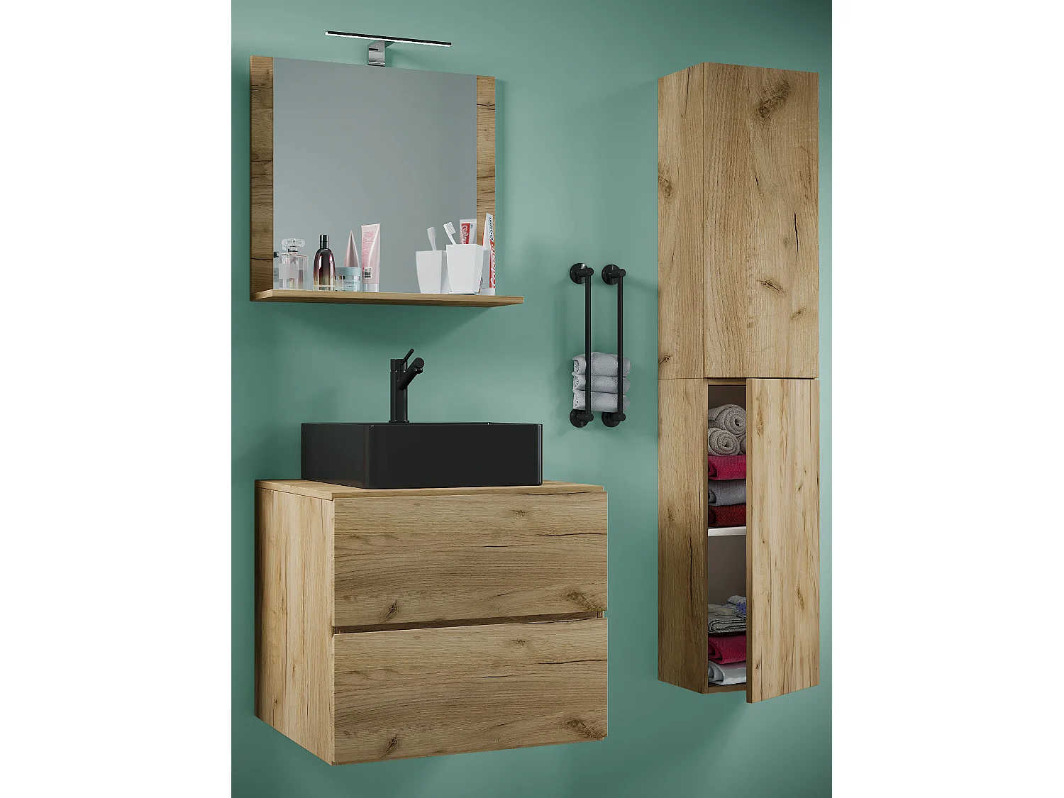 VCM 4 pcs Lavatório | lavatório preto largura inferior do armário 60 cm | Mobiliário para banheiro com gavetas espelho de portas giratórias | Lendas S BL (mel oak)
