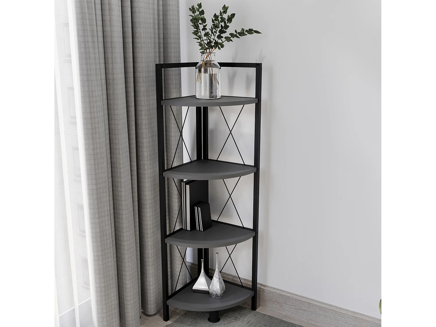 VCM Wood Metal Corner Shelf Storage Stand Shelf Bookshelf Decoração Livros Stand Shelf Insasi 4 (Anthracite)