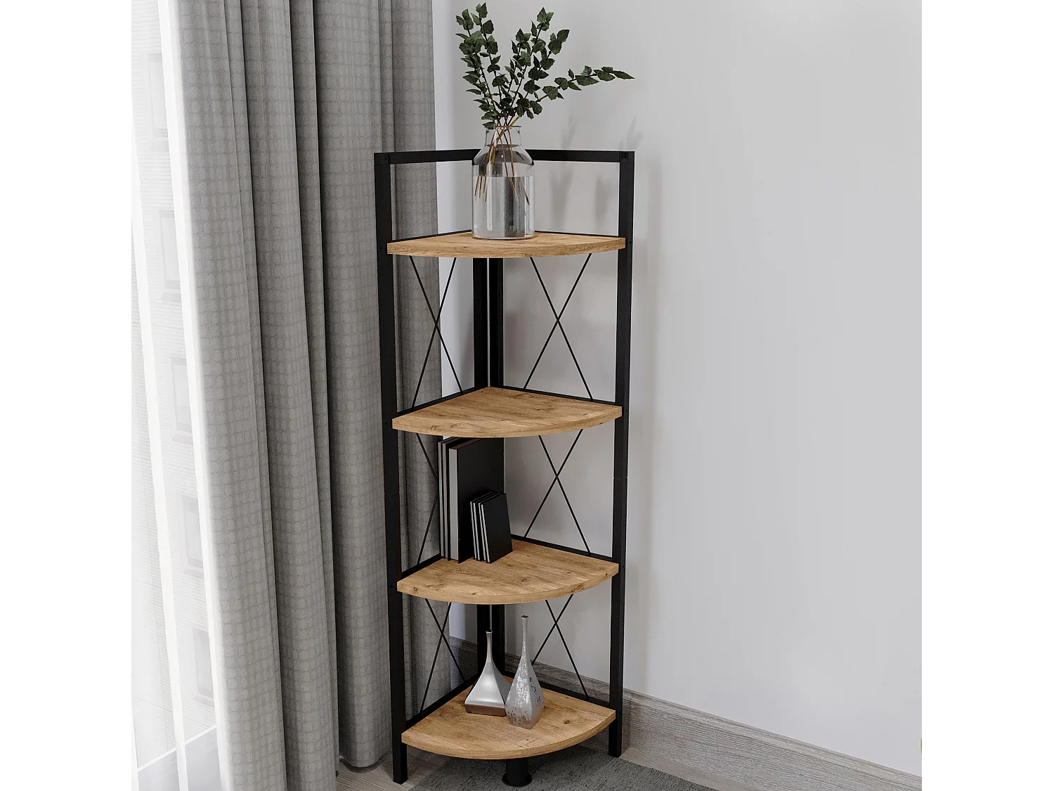 VCM Wood Metal Corner Shelf Storage Stand Shelf Bookshelf Decoração Livros Stand Shelf Insasi 4 (Honey Oak)
