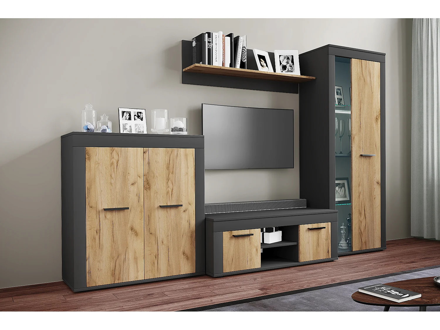 Wall Rack Usilo Anthracite / honey oak H. 30 x W. 102 x D. 20 cm