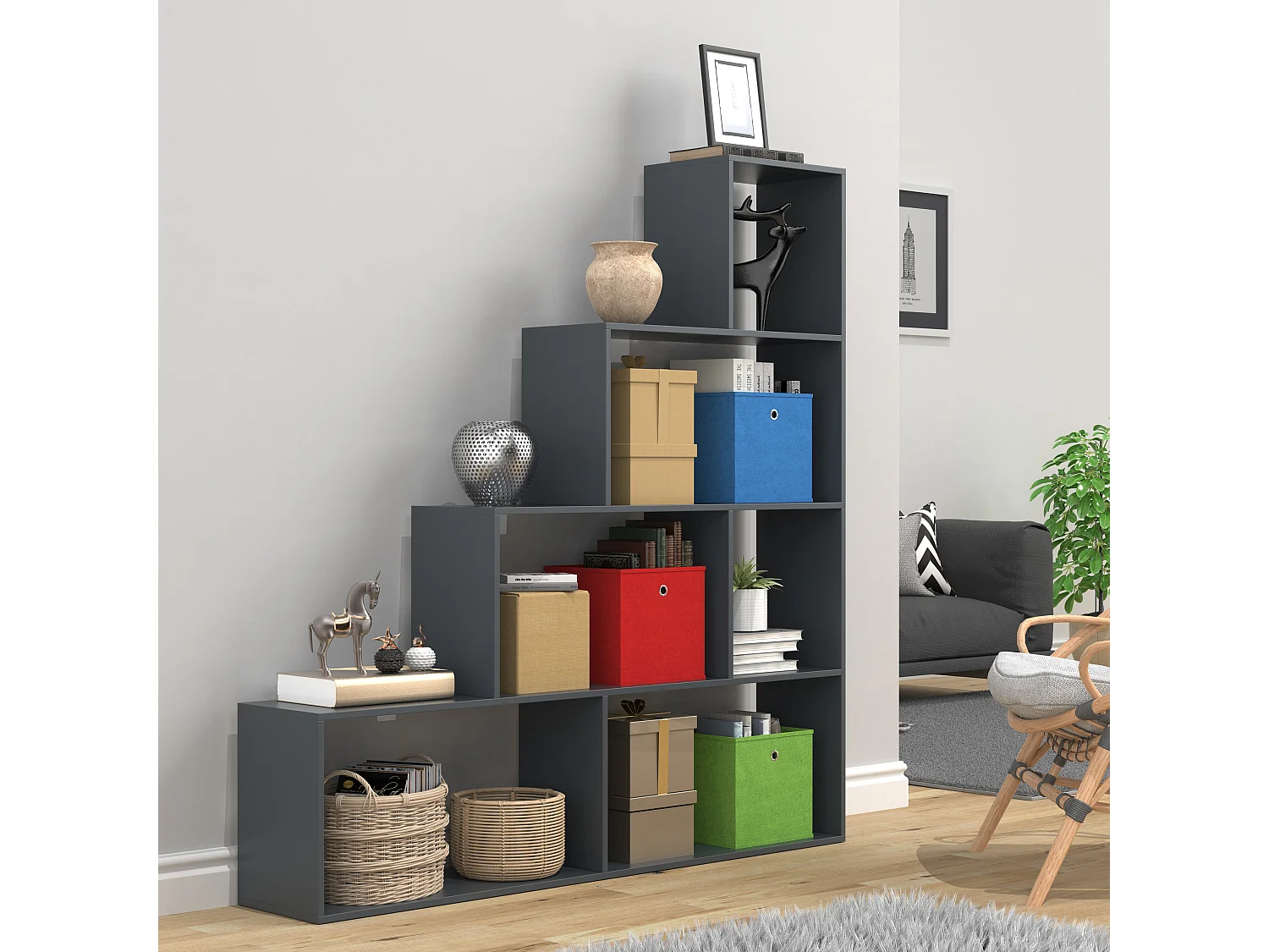 VCM Wood Stand Stair Shelf Stepped Shelf Shelf Room Divider Bookshelf Dubila L (Anthracite)