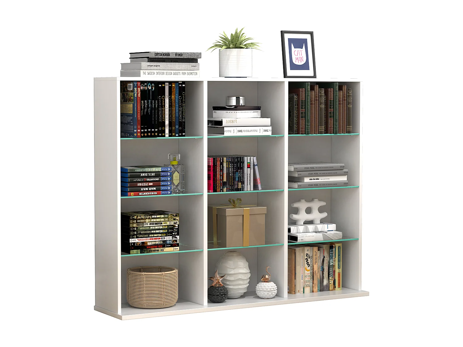 VCM Bois CD DVD Étagère sur pied Bibliothèque Séparation de pièce Déco Étagère en verre Zilas L (Blanc)