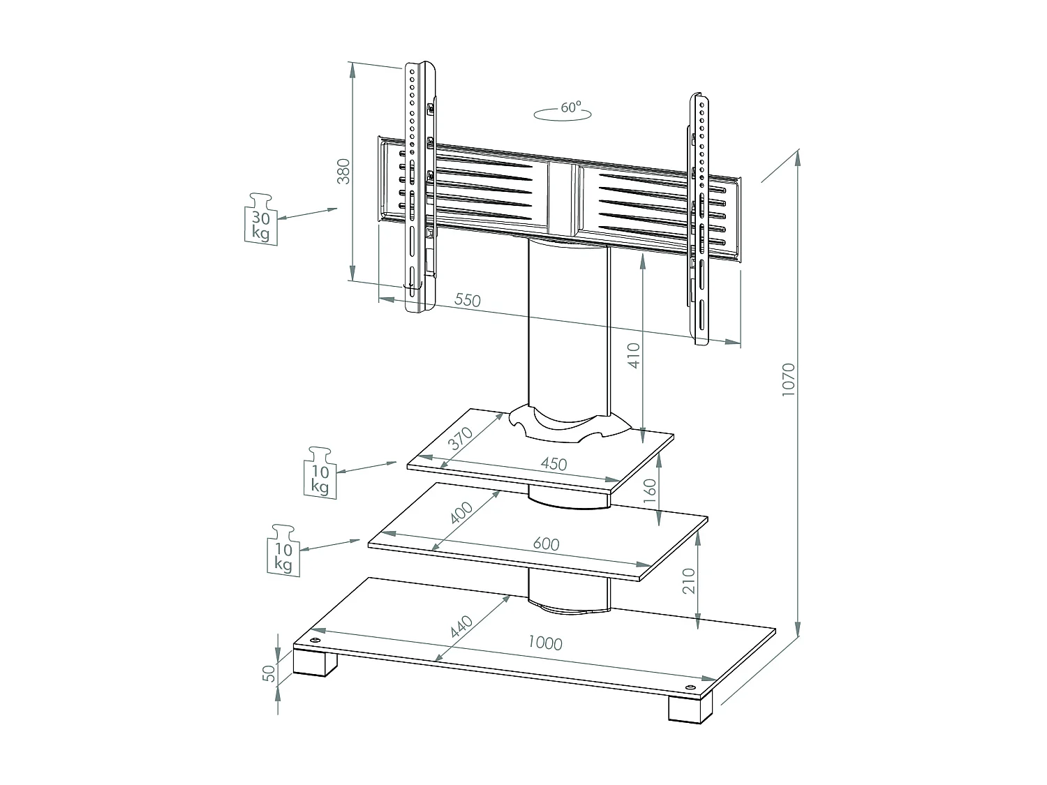 VCM Universal TV VESA Stand Stand Rack TV Alu Glas Amalo Maxi (verre noir)