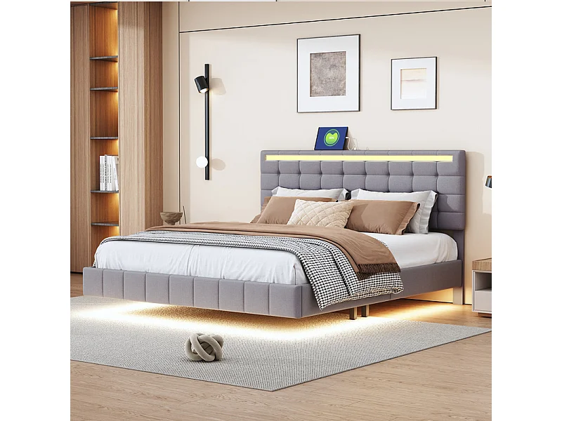Erwachsenenbett 160x200cm – Schwebebett mit LED und 2 USB-Anschlüssen + Lattenrost – Leinenstoff – Grau