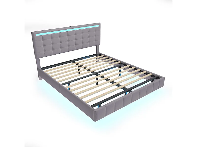 Cama para adultos 160x200cm - cama flotante con LED y 2 puertos USB + somier - tela de lino - Gris