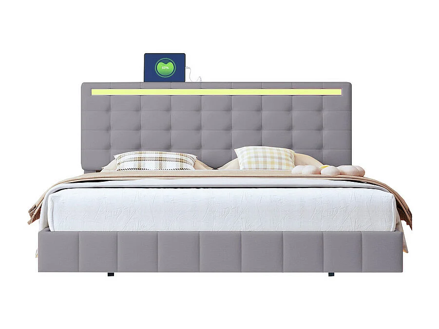 Cama para adultos 160x200cm - cama flotante con LED y 2 puertos USB + somier - tela de lino - Gris