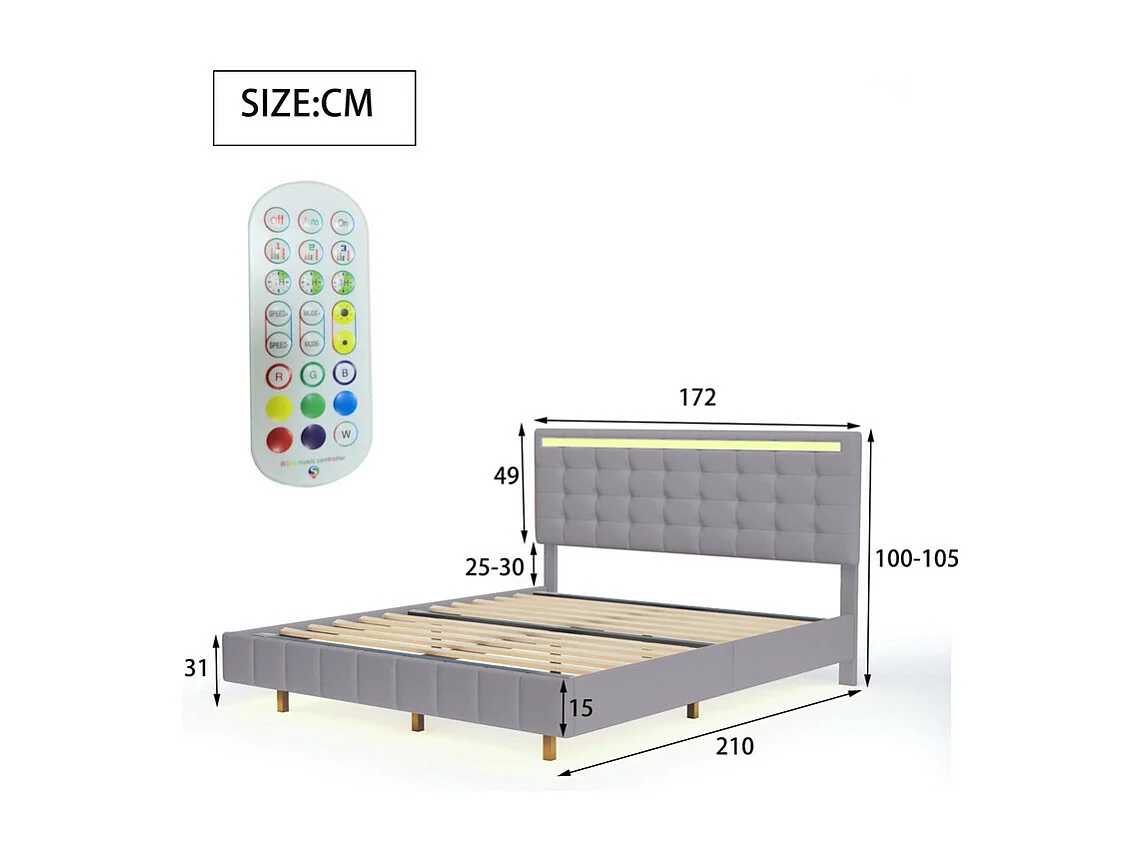 Cama para adultos 160x200cm - cama flotante con LED y 2 puertos USB + somier - tela de lino - Gris