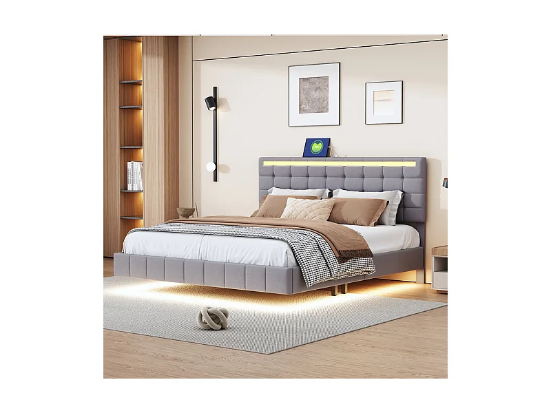 Lit adulte 160x200cm - lit flottant avec LED et 2 ports USB + sommier à lattes - tissu en lin - Gris