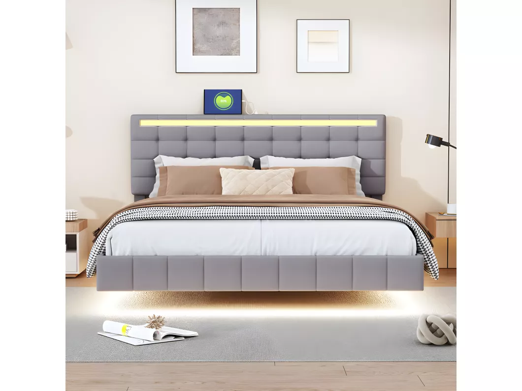 Kauf Unique Erwachsenenbett 160x200cm – Schwebebett mit LED und 2 USB-Anschlüssen + Lattenrost – Leinenstoff – Grau