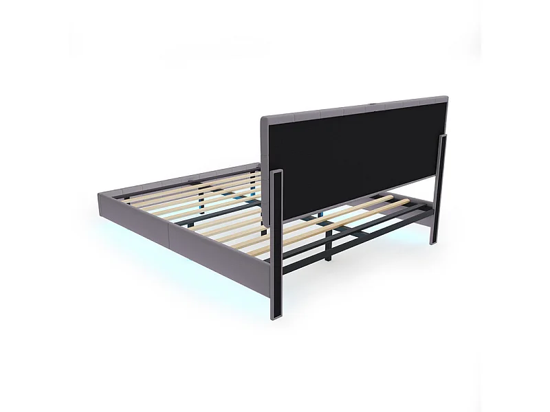 Lit adulte 160x200cm - lit flottant avec LED et 2 ports USB + sommier à lattes - tissu en lin - Gris