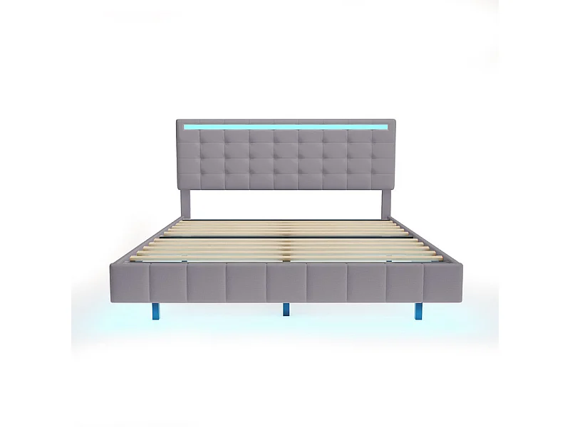 Lit adulte 160x200cm - lit flottant avec LED et 2 ports USB + sommier à lattes - tissu en lin - Gris