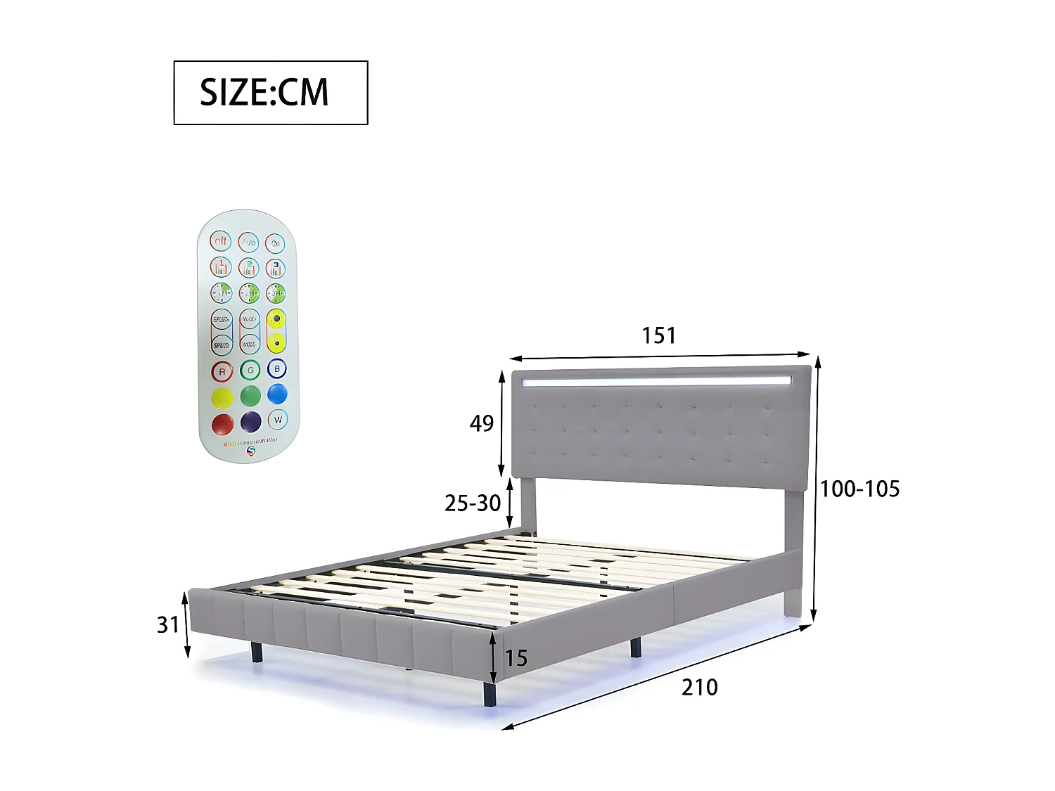Erwachsenenbett 140 x 200 cm – Schwebebett mit LED und 2 USB-Anschlüssen + Lattenrost – Leinenstoff – Grau