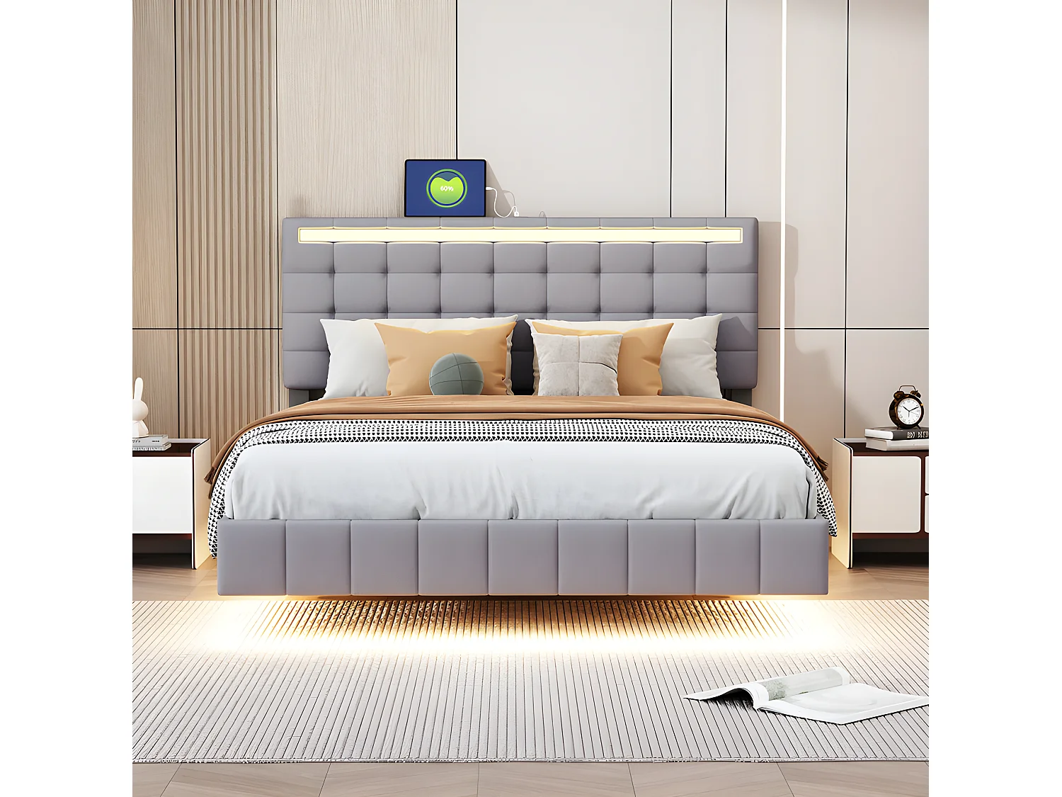 Lit adulte 140x200cm - lit flottant avec LED et 2 ports USB + sommier à lattes - tissu en lin - Gris