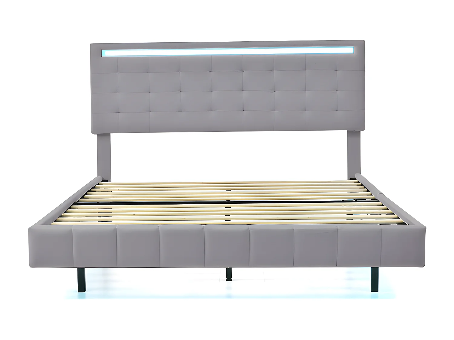 Lit adulte 140x200cm - lit flottant avec LED et 2 ports USB + sommier à lattes - tissu en lin - Gris