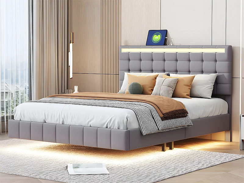 Volwassen bed 140x200cm - zwevend bed met LED en 2 USB-poorten + lattenbodem - linnen stof - Grijs