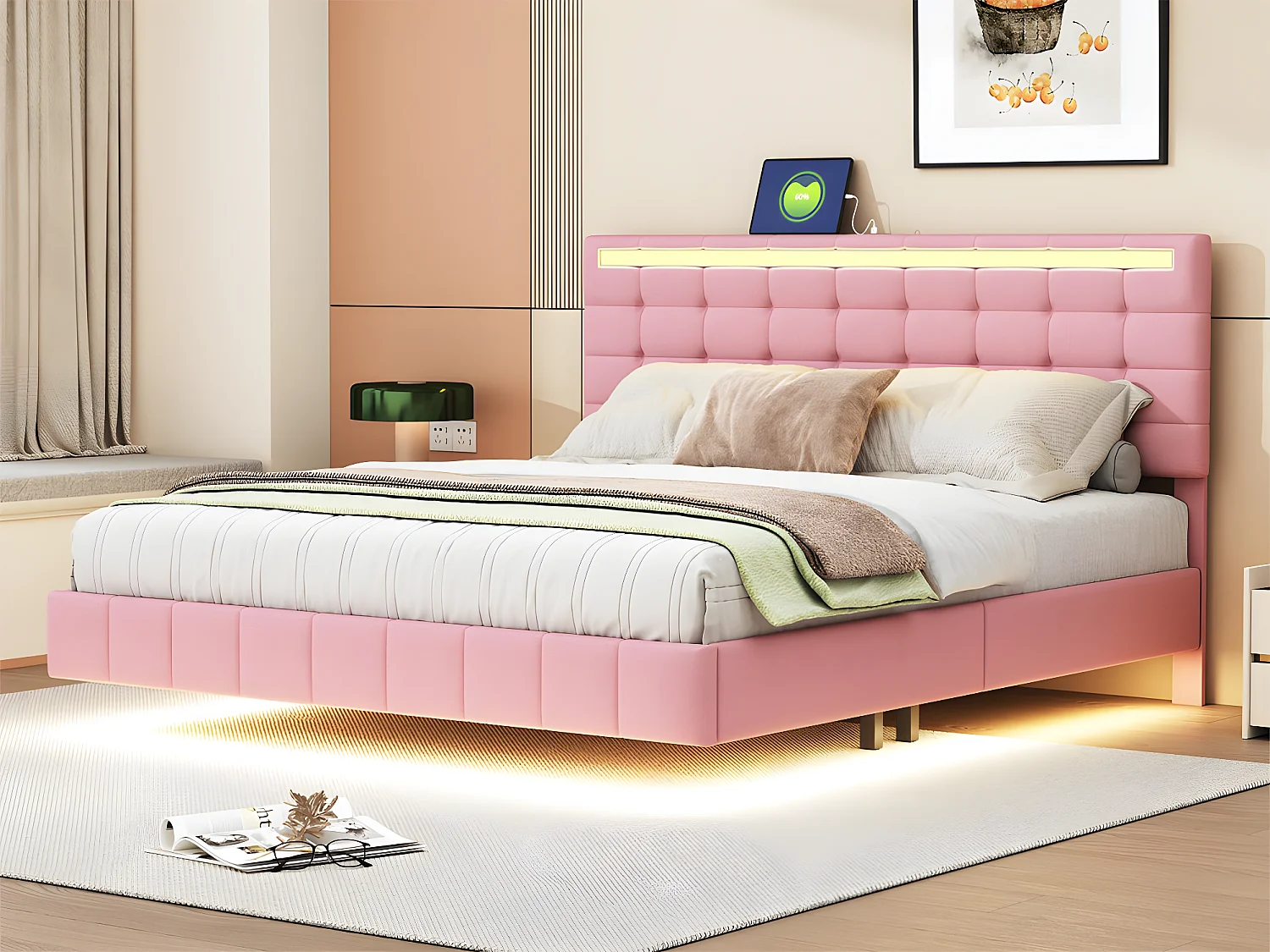 Volwassen bed 160x200cm - zwevend bed met LED en 2 USB-poorten + lattenbodem - linnen stof - Roze