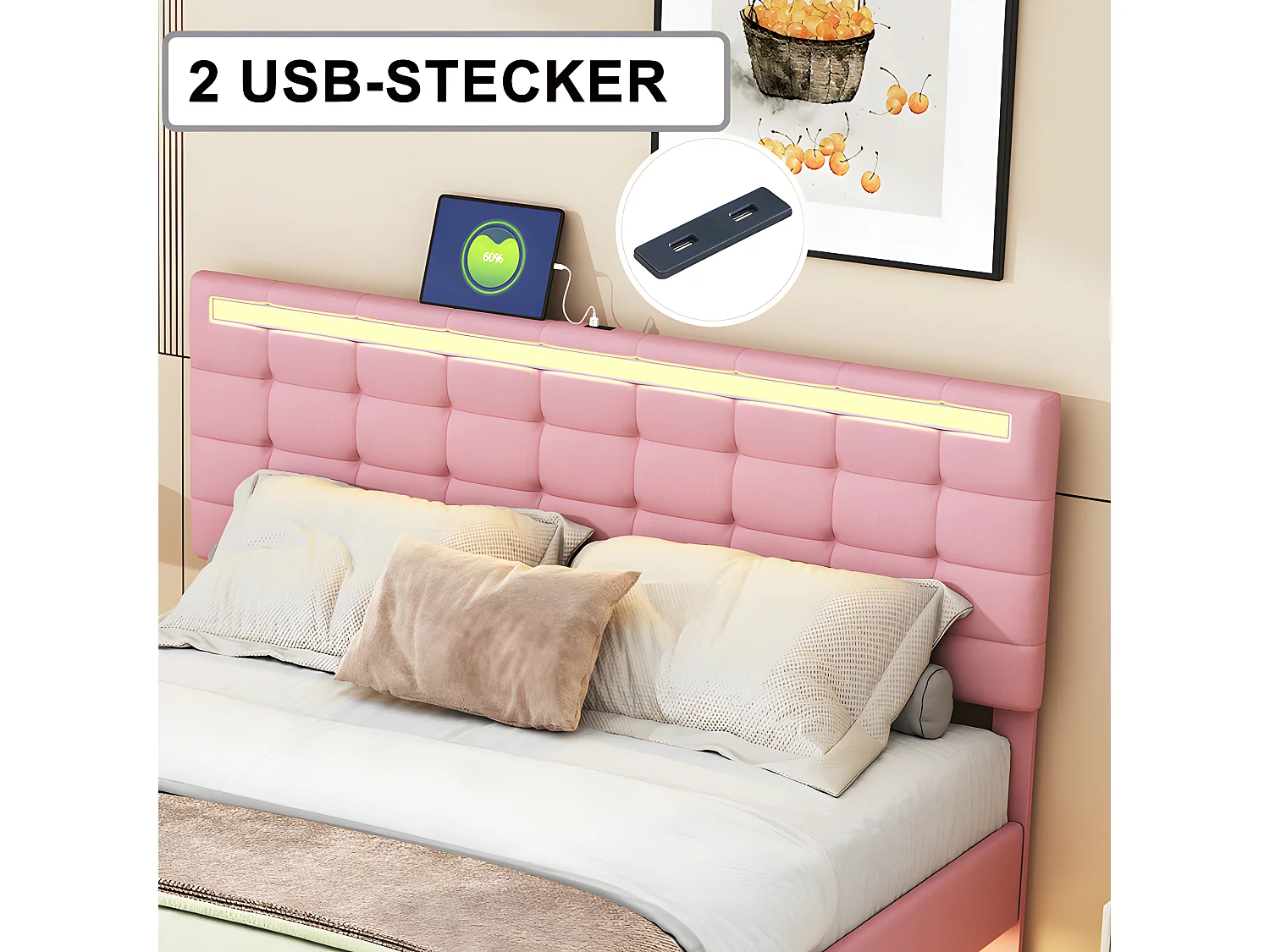 Volwassen bed 160x200cm - zwevend bed met LED en 2 USB-poorten + lattenbodem - linnen stof - Roze