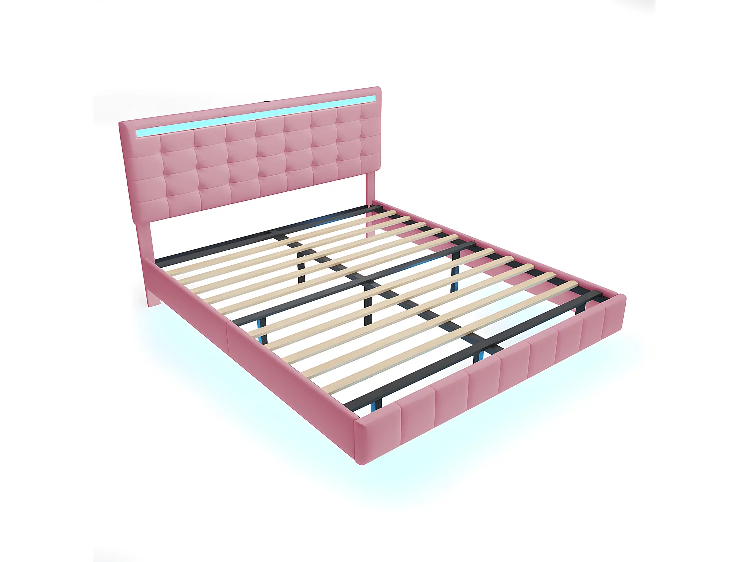 Volwassen bed 160x200cm - zwevend bed met LED en 2 USB-poorten + lattenbodem - linnen stof - Roze