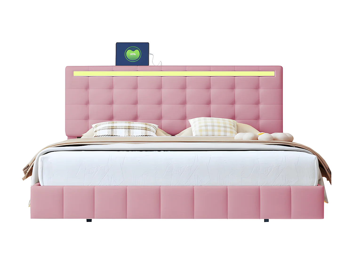 Volwassen bed 160x200cm - zwevend bed met LED en 2 USB-poorten + lattenbodem - linnen stof - Roze