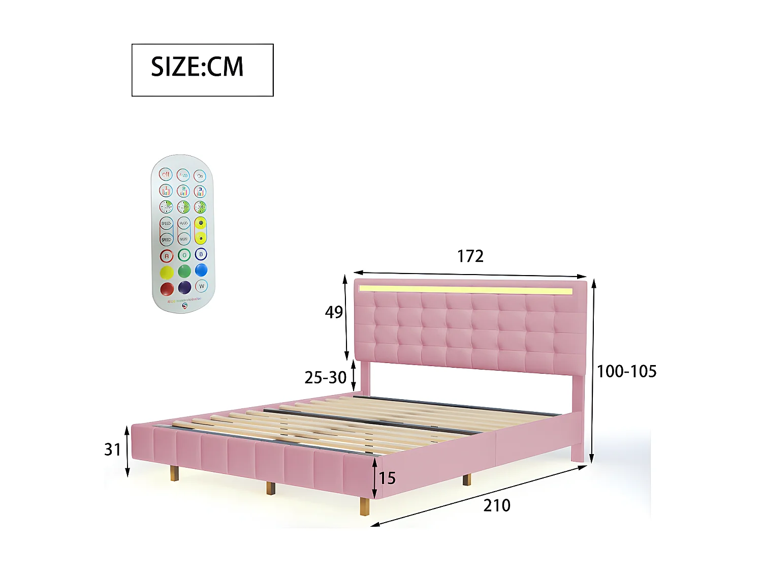 Volwassen bed 160x200cm - zwevend bed met LED en 2 USB-poorten + lattenbodem - linnen stof - Roze