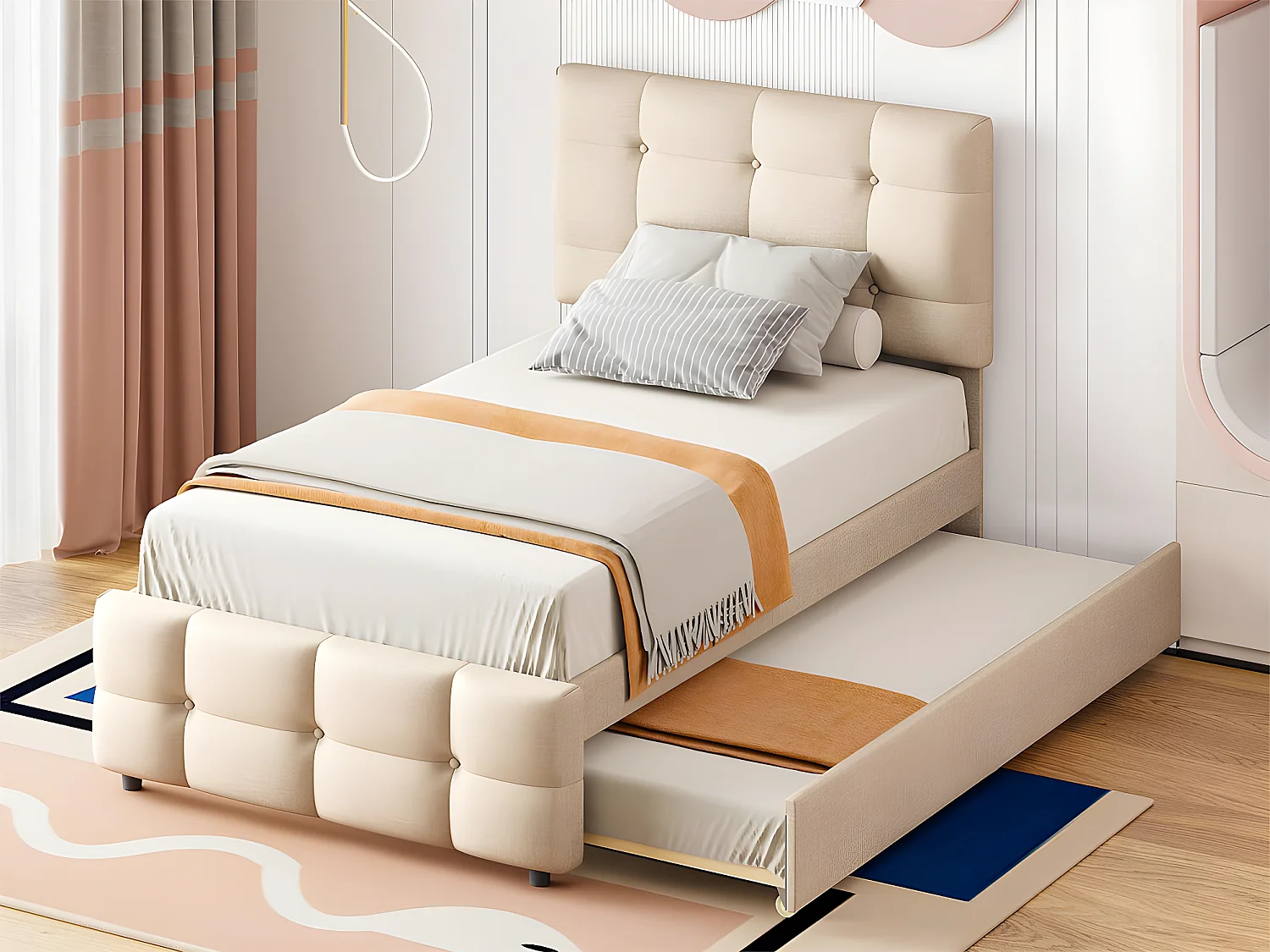 Cama nido capitoné 90x200cm - cabecero regulable - tejido lino - Beige