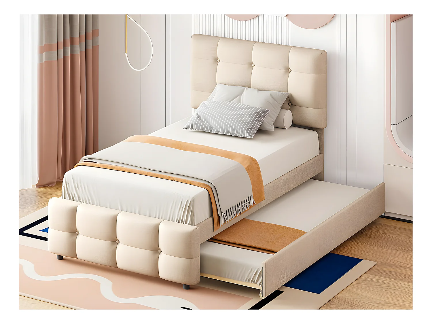 Lit gigogne capitonné 90x200cm - tête de lit réglable - tissu en lin - Beige