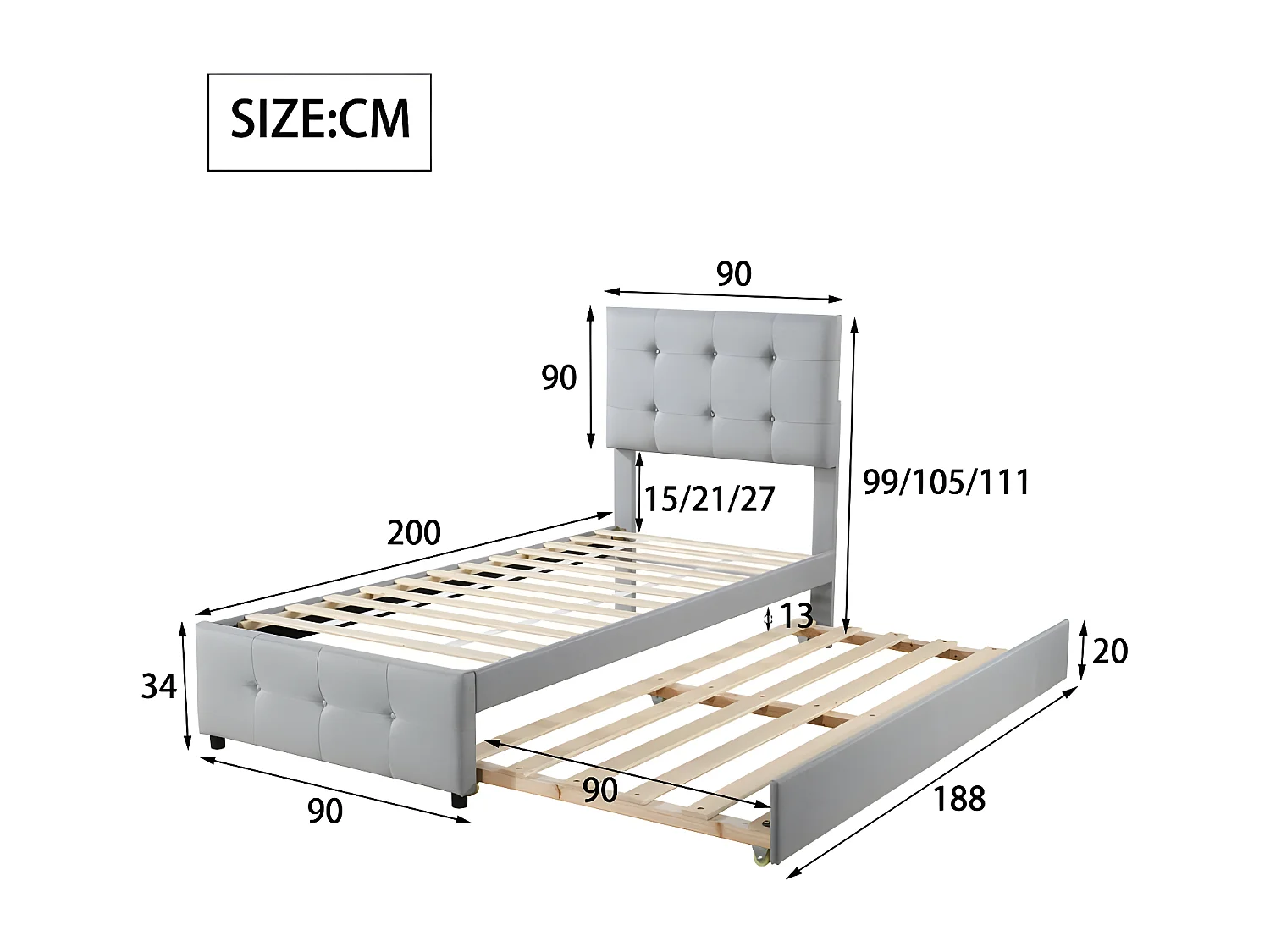 Getuft onderschuifbed 90x200cm - verstelbaar hoofdeinde - linnen stof - Grijs