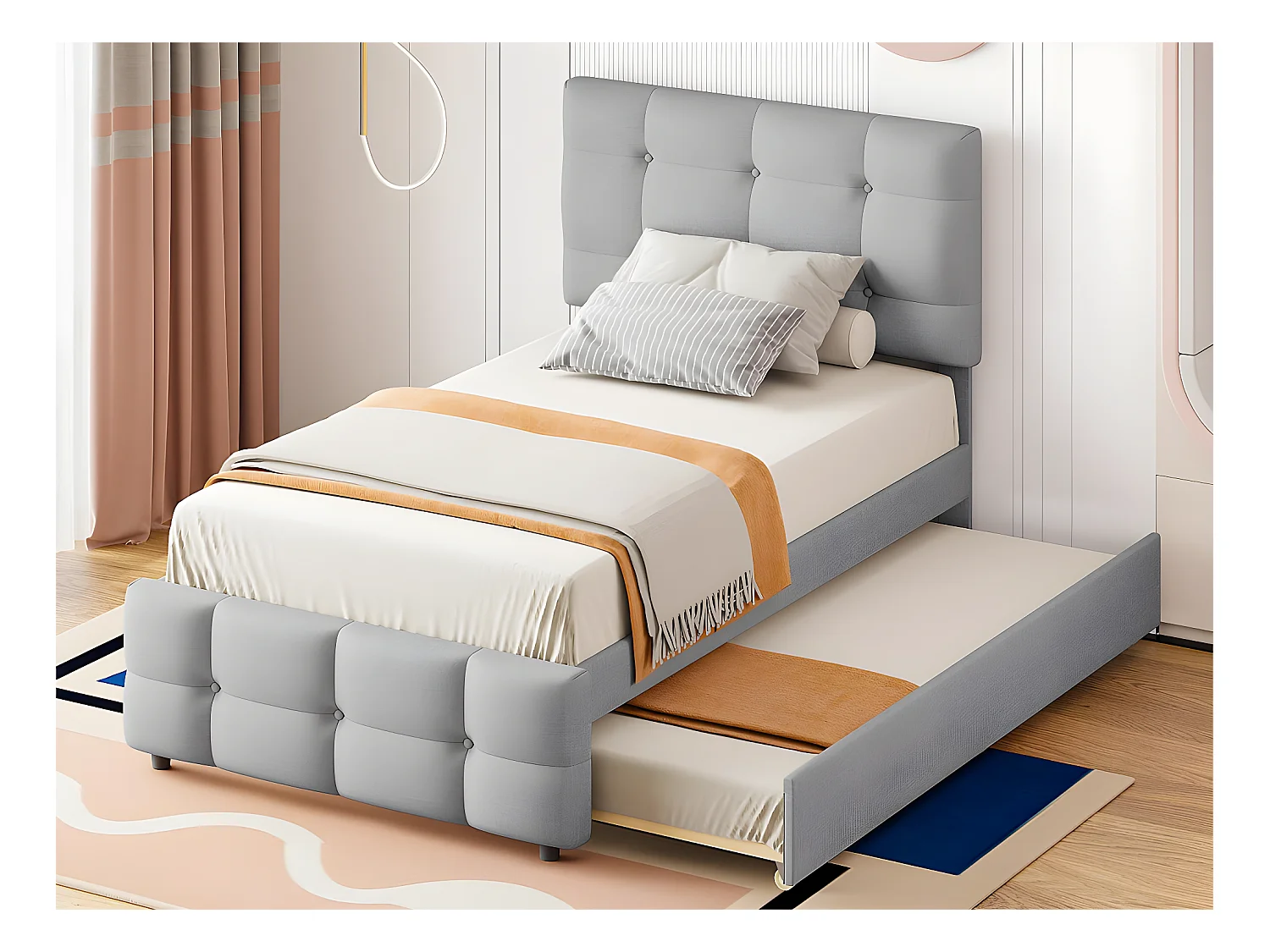 Lit gigogne capitonné 90x200cm - tête de lit réglable - tissu en lin - Gris