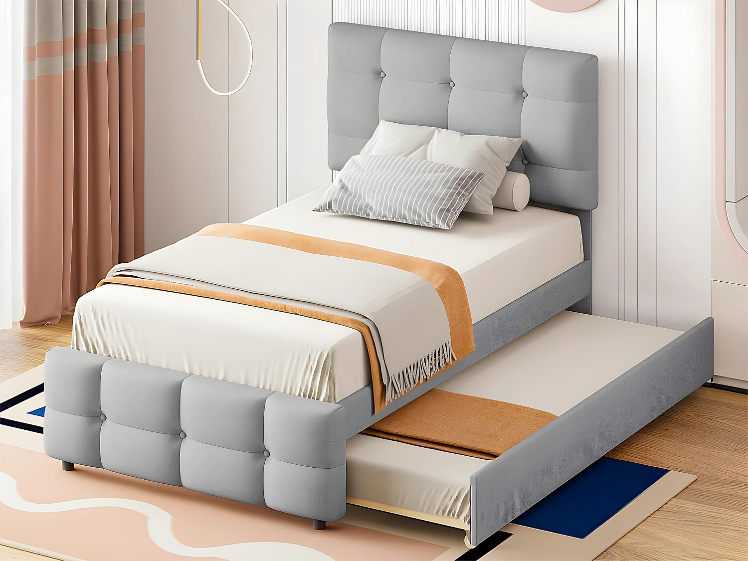 Getuftetes Ausziehbett 90 x 200 cm – verstellbares Kopfteil – Leinenstoff – Grau