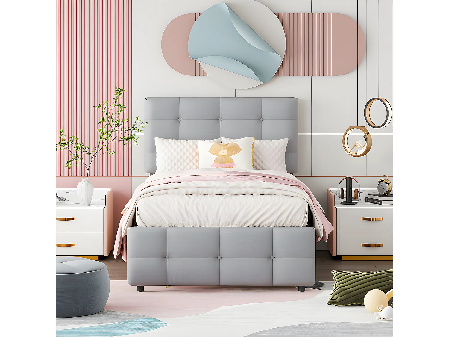 Getuftetes Ausziehbett 90 x 200 cm – verstellbares Kopfteil – Leinenstoff – Grau