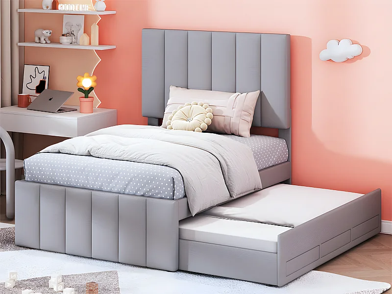 Gestoffeerd linnen bed 90x200cm - met onderschuifbed op wielen en 3 lades - Grijs