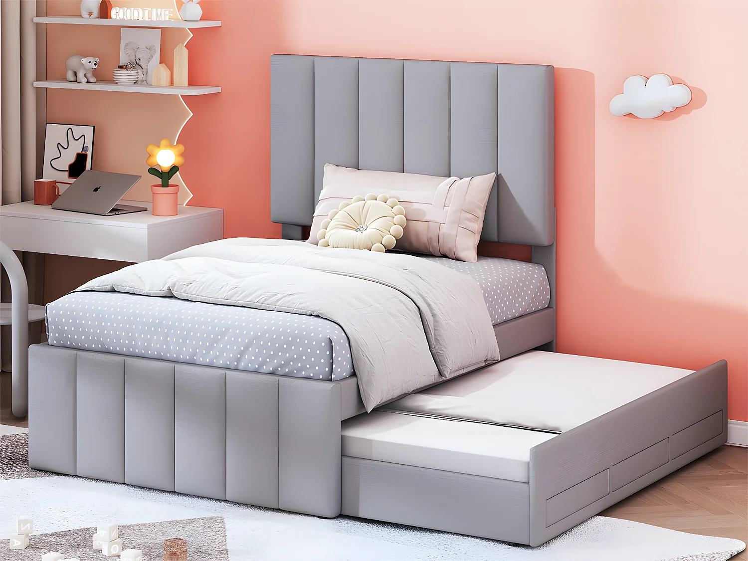 Gestoffeerd linnen bed 90x200cm - met onderschuifbed op wielen en 3 lades - Grijs