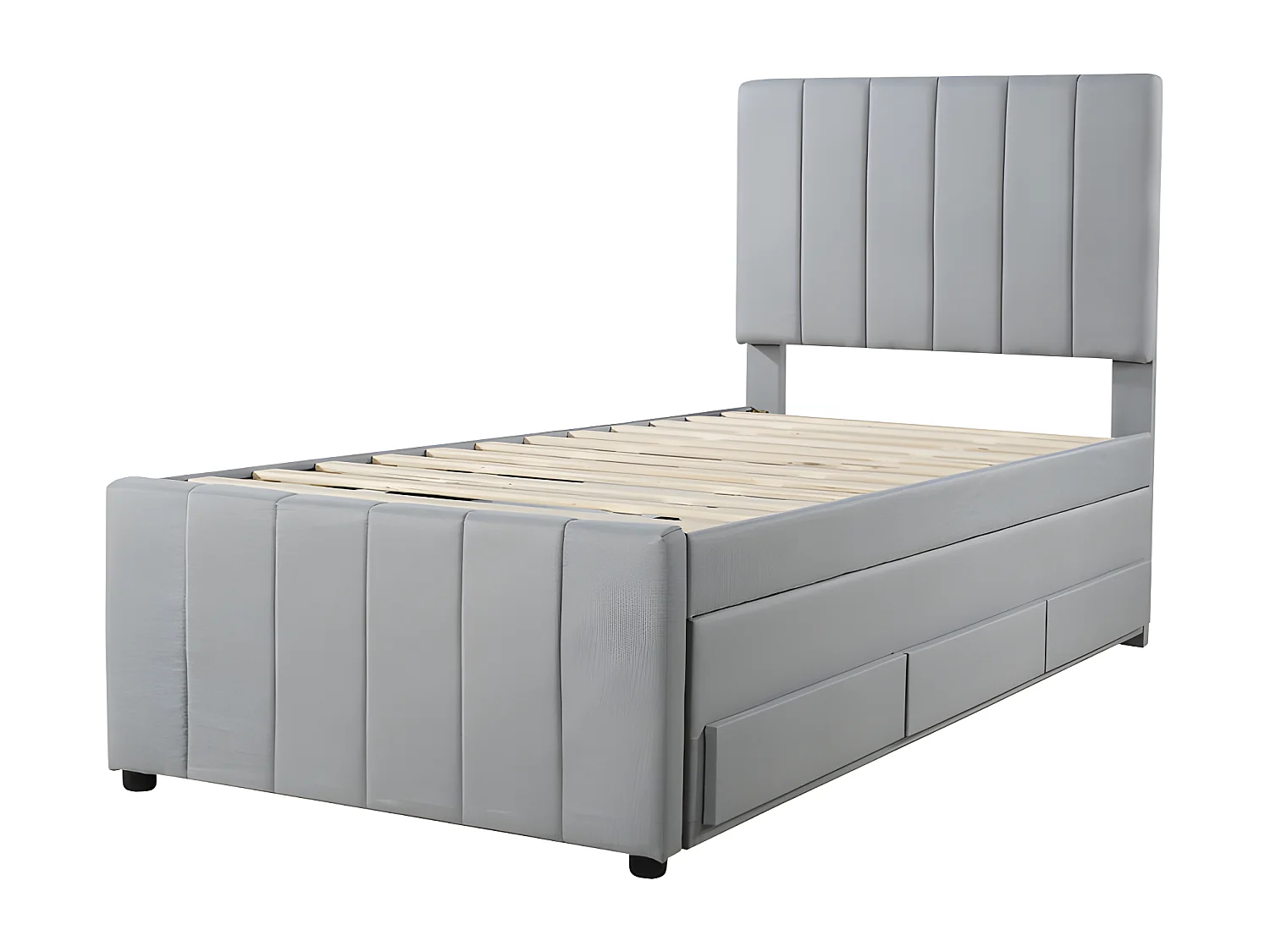Gestoffeerd linnen bed 90x200cm - met onderschuifbed op wielen en 3 lades - Grijs