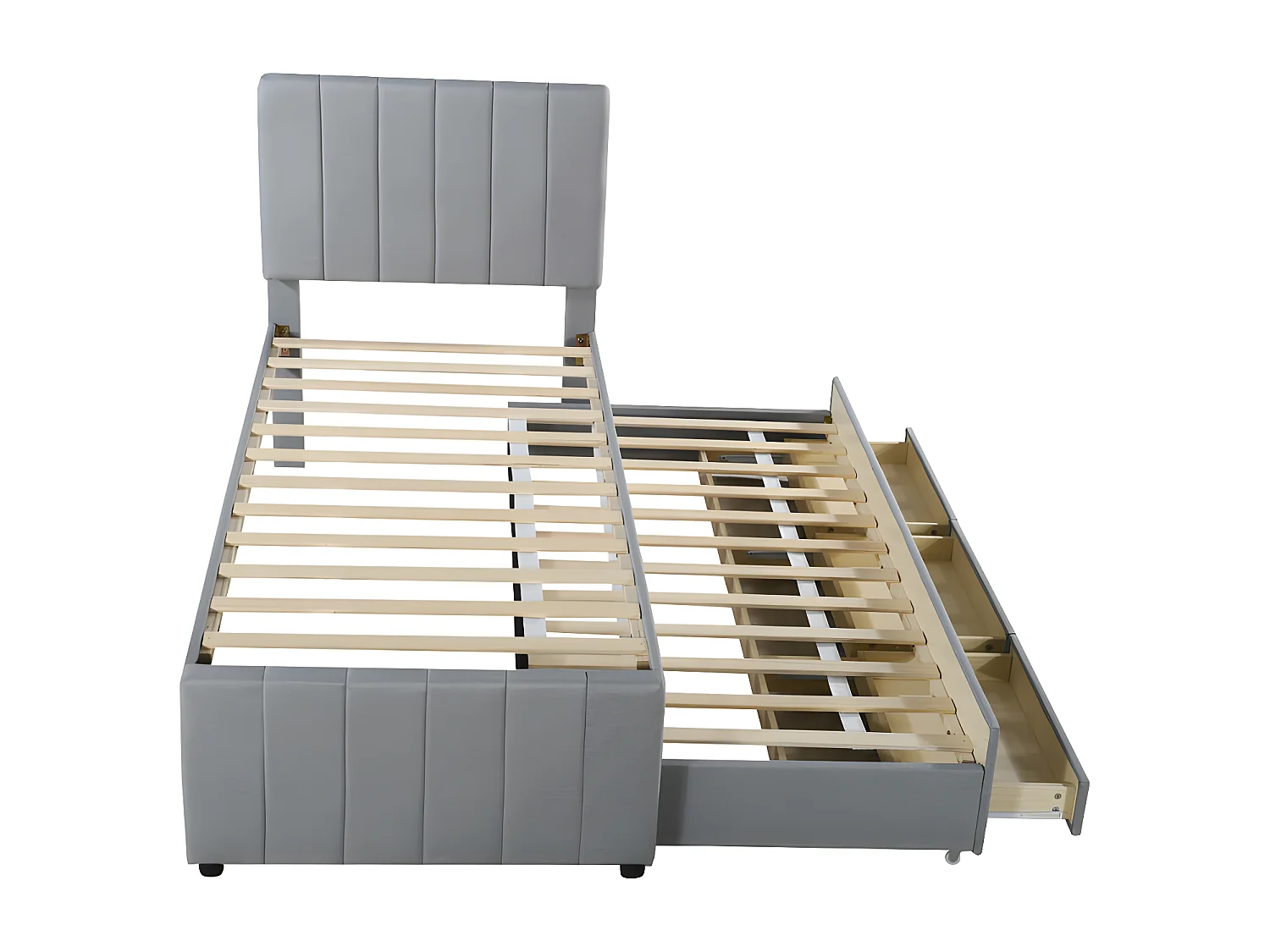 Gestoffeerd linnen bed 90x200cm - met onderschuifbed op wielen en 3 lades - Grijs