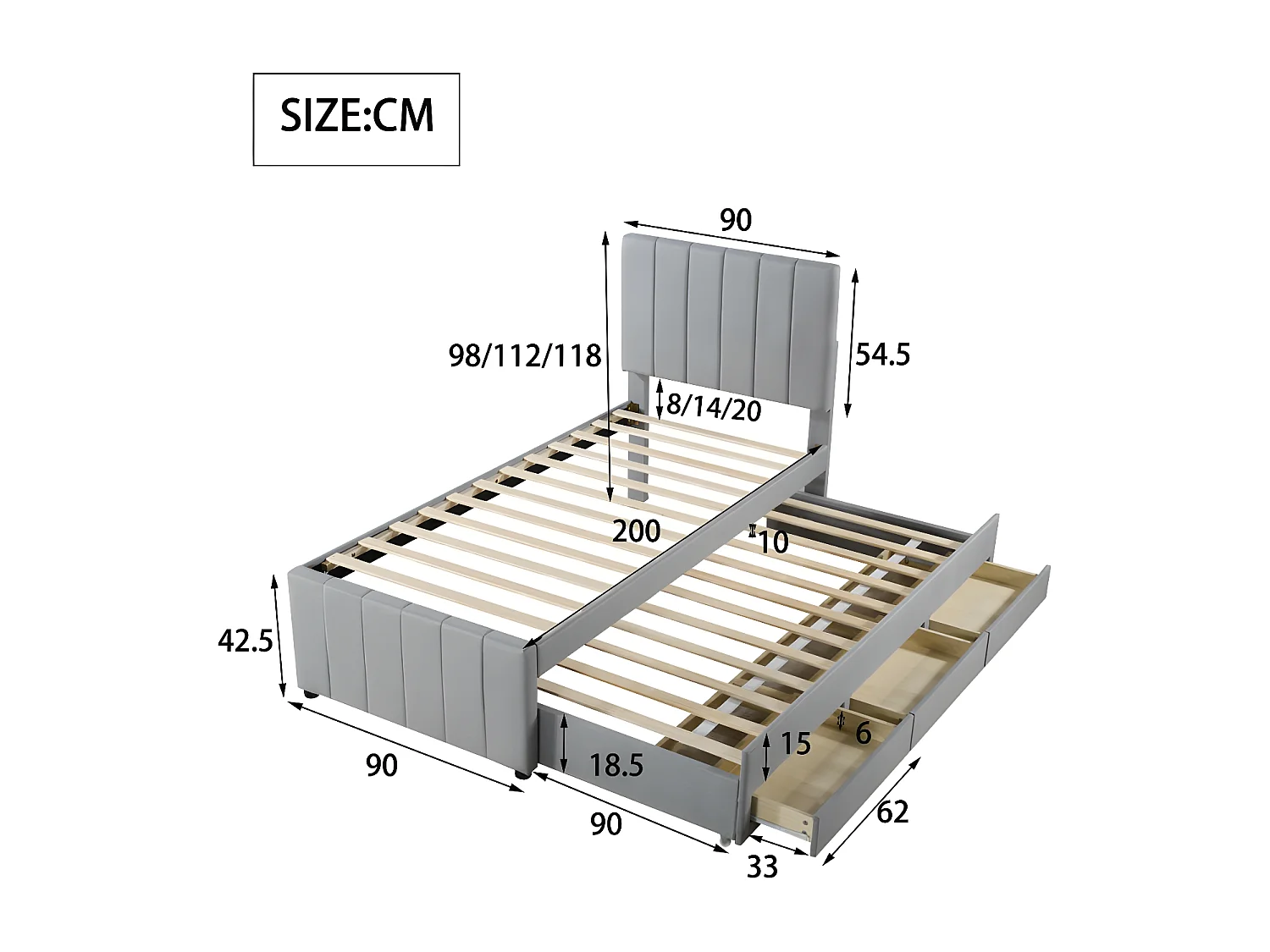 Gestoffeerd linnen bed 90x200cm - met onderschuifbed op wielen en 3 lades - Grijs