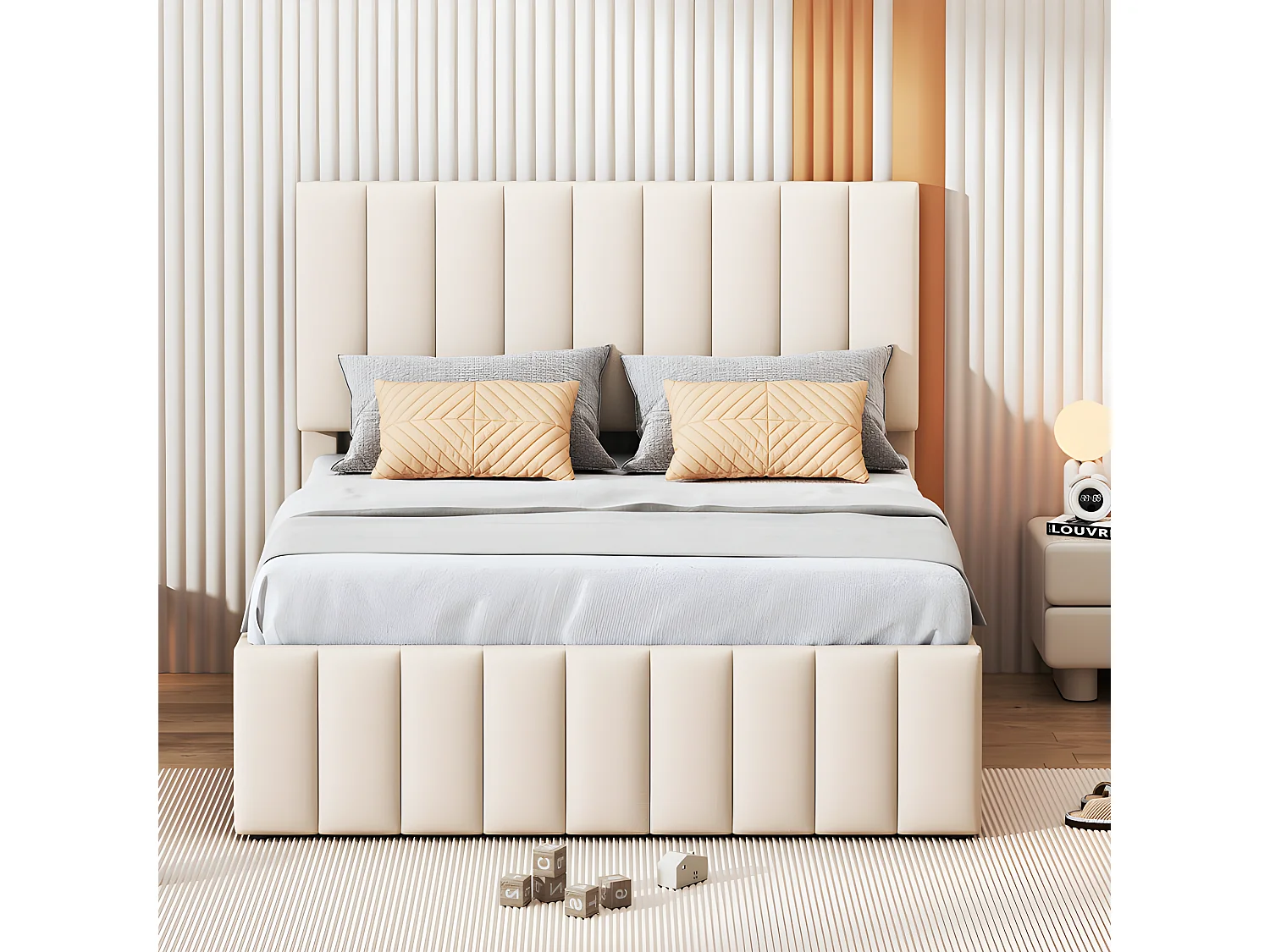 Lit rembourré en lin 140x200cm - avec un lit gigogne à roulettes et 3 tiroirs - Beige